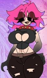 belt big breasts clothes collar female gloves hair hips jewelry large long messy midriff mouth navel open pants pink short smile solo tail torn underboob wide