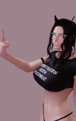 1girls 3d annoyed annoyed_expression black_choker black_hair black_headwear black_horns black_nail_polish black_nails black_panties black_shirt blender blender_eevee breasts cat_eyes choker cross_earrings cross_necklace degradation degrading_accessory double_middle_finger female female_focus female_only flipping_off fuck-me_shirt fully_clothed glasses goth hair_bun hand_in_front_of_face headband horns huge_breasts lady_x_(osimai) lip_piercing looking_away middle_finger nail_polish nose_piercing nose_ring original_character osimai panties solo solo_female t-shirt teasing text_on_clothing text_on_shirt text_on_topwear transparent_glasses underboob vampire_teeth variant wavy_hair yellow_eyes