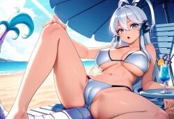 1girls ai_generated beach bikini blue_eyes breasts cameltoe cleavage crotch dragon_girl dragon_tail drink female female_focus female_only hair_tubes large_breasts legs_apart legs_up long_hair looking_at_viewer lying lying_on_chair outdoors showing_crotch showing_pussy sidelocks sitting sitting_on_chair solo solo_female solo_focus spread_legs spreading swordsoul_of_mo_ye tail white_bikini white_hair yu-gi-oh!