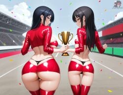 2girls ai_generated ass backboob blue_eyes butt_crack confetti female g-string green_eyes grin holding_trophy large_breasts long_hair looking_at_viewer looking_back midriff narrow_hips narrowed_eyes race_queen race_track rear_view red_clothing red_skirt red_topwear skindentation slim_waist small_breasts thick_thighs thigh_gap thigh_highs tight_clothes tight_clothing trophy wide_hips zorkpics