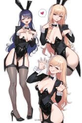 1girls ;q animal_ear_hairband animal_ears black_bow black_bowtie black_jacket black_leotard black_shoes black_thighhighs blonde_hair blue_eyes blue_hair blush bow bowtie breasts claw_pose cleavage commentary cosplay cowboy_shot cropped_legs detached_collar ear_piercing earrings english_commentary fake_animal_ears female full_body garter_straps hairband half-closed_eye hands_on_own_chest heart heart_in_mouth high_heels highleg highleg_leotard highres inhoso instagram_logo izayoi_arisa izayoi_arisa_(cosplay) jacket jewelry kitagawa_marin large_breasts leotard long_hair long_sleeves looking_at_viewer looking_to_the_side multiple_views one_eye_closed open_mouth outline parted_lips patreon_logo piercing pink_eyes playboy_bunny rabbit_ear_hairband rabbit_ears rabbit_tail shiny_clothes shiny_skin shoes simple_background smile sono_bisque_doll_wa_koi_wo_suru spoken_heart standing stiletto_heels strapless strapless_leotard tail thighhighs tongue tongue_out twitter_logo very_long_hair white_background white_outline wrist_cuffs
