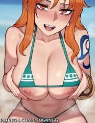 1female 1girls 2d 2d_(artwork) ai_generated big_ass big_breasts big_breasts brown_eyes fat_booty nami_(one_piece) one_piece orange_hair patreon patreon_username ryogangg seductive seductive_look shounen_jump tattoo