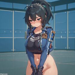 (titancore) ai_generated ashamed black_hair breasts curvy_figure cute_face embarrassed female hands_over_pussy huge_breasts locker_room multicolored_hair police police_uniform pussy red_hair single_girl video_game_character zenless_zone_zero zhu_yuan