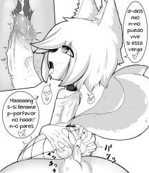 2_tails akatosh_el_shota_furro ambiguous_gender anal anal_sex animal_ears ass balls cum cum_in_ass cum_in_intestines deep_penetration female fingering fishnets fox fox_ears fox_girl fox_humanoid fox_tail fox_tails groping_ass hand_on_ass heart-shaped_pupils hi_res huge_cock kitsune kitsunemimi male monochrome open_mouth original original_character penis sex size_difference spanish_text squeezing tail tongue tongue_out