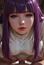 1boy ai_generated airotica animated bangs blunt_bangs bottomless breasts close-up closed_mouth clothed_sex covered_nipples cowgirl_position female fern_(sousou_no_frieren) happy_sex large_breasts lips long_hair looking_at_viewer no_panties penis pov purple_eyes purple_hair pussy sex shirt smile solo_focus sousou_no_frieren straddling straight tagme uncensored vaginal_penetration video white_shirt