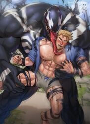 2boys abs bara barefoot beard blonde_hair blue_shirt blue_sky blush brown_shorts cloud eddie_brock english_commentary facial_hair fangs highres long_tongue male_focus marvel multiple_boys muscular muscular_male nipples open_clothes open_fly open_mouth open_shirt paid_reward_available patreon_username pectorals shirt shorts sky spider-man_(series) suyohara symbiote tongue venom_(marvel) yaoi