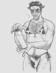 1boy alternate_version_at_source alternate_version_available artemy_burakh bara bara_tiddies bara_tits barazoku blush blush blush_lines cow_print cow_print_bikini cow_print_lingerie crossdressing hairy hairy_chest hairy_legs hairy_male milk pathologic pathologic_2 pinup xn0regiax
