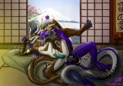 absurd_res anal anal_sex anthro bulge cherry_blossom dniprodragon dragon drakoss duo eastern_dragon flower fulgerion hand_holding hi_res holding_leg kobold male male/male markings mount_fuji mountain mythological_creature mythological_scalie mythology penetration plant prunus_(flower) ryokan scalie spring whisker_markings whiskers