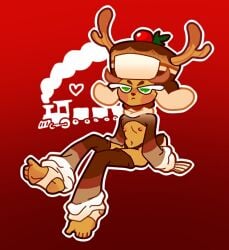 animal_costume antlers christmas female food fruit full_body green_eyes hat heart long_sleeves looking_at_viewer male male_focus new_year outline red_background reindeer_antlers reindeer_costume simple_background solo standing white_outline