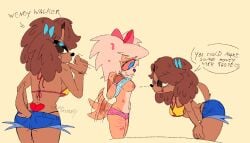 blonde_hair blue_bottomwear blue_bow blue_clothing blue_eyes blue_shorts bottomwear bracelet breasts brown_body brown_eyes brown_fur brown_hair canid canine clothing dialogue duo female freckles fur hair heart_tattoo hi_res jewelry mammal mayhemtown motion_lines pink_bow sally_o'malley scar shorts tan_body tan_fur tattoo undead underwear wendy_walker worm zombie