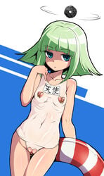 blue_eyes borrowed_character clitoris clitoris_piercing female green_hair hanauna highres innertube looking_at_viewer nipple_piercing nipples one-piece_swimsuit piercing pussy school_swimsuit small_breasts solo swimsuit uncensored white_school_swimsuit white_swimsuit