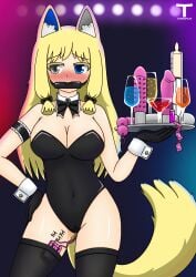 big_breasts black_gloves black_socks blonde_female blonde_hair blue_eyes blush blush_lines blushing_female breasts bunny_girl bunnysuit condom covered_mouth cup female grey_eyes hair_ornament heterochromia long_hair original_character pussy sex_toy syringe thighs tony_x_play tonyxplay vibrator vibrator_in_pussy vibrator_under_clothes waitress wolf_ears wolf_girl wolf_tail writing_on_body zatori_rau