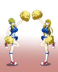 big_breasts blonde_hair blue_eyes breasts cheerleader cheerleader_uniform dlobo777 empty_eyes fairy_tail imitatia large_breasts midriff multiple_girls multiple_subs no_panties ophiuchus_(fairy_tail) sneakers socks upskirt