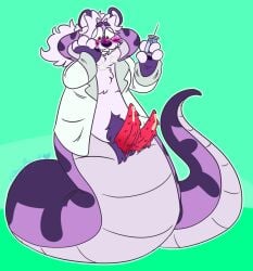 2024 2_penises ambiguous_fluids animal_genitalia animal_penis anthro apode bangs blush body_hair breath chest_tuft cloaca clothed clothing coat cobra digital_drawing_(artwork) digital_media_(artwork) diphallia diphallism dr._luvstruk_(onemillionfurries) draconcopode excited eyebrows fangs felid feline fur genital_slit genitals grin hair hand_on_cheek handpaw happy_trail hemipenes hi_res holding_object hybrid_genitalia hybrid_penis implied_transformation lab_coat lamia legless long_hair male mammal multi_genitalia multi_penis naga open_clothing open_coat open_topwear pantherine panting parted_bangs paws penile_spines penis ponytail pubes purple_body purple_fur purple_pubes purple_scales raised_eyebrows reptile scales scalie science scientific_experiment scientist serpentine sharp_teeth signature simple_background smile snake snake_hood solo split_form standing syringe tapering_penis teeth three-quarter_view tiger toony toothy_grin topwear tuft white_hair xxbennybunnyxx