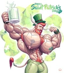 2018 animal_humanoid areola armpit_hair beard big_areola big_muscles big_pecs body_hair bottomwear bovid bovid_humanoid bovine bovine_humanoid bulge celtic_cross chest_tattoo chest_tuft christian_cross christian_symbol christianity clothed clothing clover_(plant) clover_leaf container cross cup ear_piercing ear_ring facial_hair green_eyes hair happy_trail hat headgear headwear holidays horn huge_pecs humanoid leaf male mammal mammal_humanoid moustache mug muscular muscular_male nipples orange_hair pants pecs piercing pink_nipples plant pubes religion religious_symbol ring_piercing ruaidhri_o'_bainne shamrock_shake solo st._patrick's_day tattoo top_hat topless tuft vein veiny_muscles wolfiecanem
