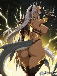 1girls ai_generated aqua_eyes ass ass_focus asymmetrical_clothes asymmetrical_legwear bare_breasts big_ass big_breasts black_sclera bleach bleach_brave_souls body_markings bonfen291 breasts colored_sclera dark-skinned_female electricity expressionless facial_mark female female_only fins from_behind glowing glowing_eyes grey_hair hair_between_eyes hand_on_own_head horns huge_ass huge_breasts huge_nipples legwear long_fingernails long_hair looking_at_viewer looking_back monster_girl night night_sky self_upload shark_tail sharp_fingernails shoulder_armor sideways_glance solo thick_thighs thunder tia_harribel tier_harribel transformation very_long_hair