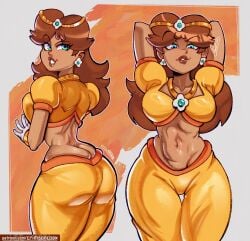 1girls ass ass_crack belly_dancer belly_dancer_outfit big_ass big_breasts big_butt black_hair blue_eyes bodysuit breasts brown_hair cameltoe choker crimsoncoax dark-skinned_female dark_skin dialogue earrings fat_ass female female_focus female_only genie harem_pants hoop_earrings huge_ass huge_breasts large_ass large_breasts legs_apart looking_back mario_(series) mario_kart mario_kart_world midnightnoxi midriff open_mouth ponytail princess_daisy princess_daisy_(oasis) revealing_clothes simple_background smooth_skin solo solo_female tagme thick_thighs thighs tiara white_background