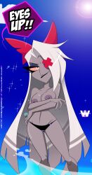 angel artist_request beach bow breasts detailed_background dialogue exhibitionism female female_only grey_body hazbin_hotel nipples panties smile solo source_request speech_bubble standing thick_thighs vaggie_(hazbin_hotel) white_hair