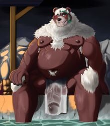 absurd_res anthro bath bathhouse bear belly big_penis clothed clothing ebt34 genitals hi_res huge_filesize kimun_kamui_(tas) lifewonders male mammal muscular partially_clothed penis solo tokyo_afterschool_summoners wet wet_clothing