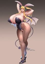 adjusting_hair animal_ears areola_slip arms_up bat_wings black_gloves black_shoes black_tail black_thighhighs blonde_hair breasts censored cleavage collarbone covered_navel covered_nipples crotchless crotchless_leotard curled_horns curvy dated demon_girl demon_horns demon_tail demon_wings elbow_gloves fake_animal_ears female fishnet_pantyhose fishnets full_body gigantic_breasts gloves gradient_background heart heart_censor high_heels highleg highleg_leotard highres hip_bones horns large_areolae leotard long_hair looking_at_viewer navel original pantyhose parted_lips perky_breasts playboy_bunny plump puffy_nipples red_eyes remu_(kirieroido) revealing_clothes shoes signature simple_background solo stomach strapless strapless_leotard tail thighhighs wide_hips wings