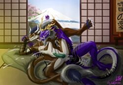 absurd_res anal anal_sex anthro bodily_fluids bulge cherry_blossom closed_eyes cum cum_in_ass cum_inside dniprodragon dragon drakoss duo eastern_dragon flower fulgerion genital_fluids hand_holding hi_res holding_leg kobold male male/male markings mount_fuji mountain mythological_creature mythological_scalie mythology penetration plant prunus_(flower) ryokan scalie spring whisker_markings whiskers