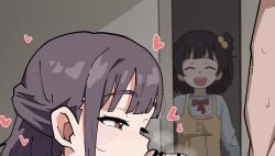 1boy 2girls :d ^_^ bar_censor black_hair blush brown_eyes censored closed_eyes commission cropped fellatio heart highres idolmaster idolmaster_million_live! idolmaster_million_live!_theater_days long_hair multiple_girls nakatani_iku nakatani_iku's_mother ohgi910 oral paid_reward_available penis pixiv_commission smile straight teeth upper_teeth_only walk-in