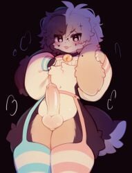 2025 anthro balls bell big_tail black_background blep blush clothing collar erection femboy fluffy fur garter_belt garter_straps genitals hair hi_res jingle_bell katsucoffee lagomorph legwear leporid male mammal mostly_nude paws penis rabbit scut_tail short_tail simple_background solo tail thick_thighs thigh_highs tongue tongue_out
