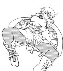 breasts breasts_outside censored clitoris closed_eyes female fishnet_legwear fishnets greyscale halftone large_breasts line_art monochrome ninja nipples no_panties object_insertion pantyhose polka_dot pubic_hair puffy_nipples pussy pussy_juice short_hair solo spread_legs squatting torn_clothes torn_legwear unmoving_pattern