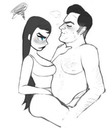 1boy black_hair blue_eyes blush breasts closed_eyes couple cum facial_hair female height_difference large_breasts lips long_hair looking_at_another monochrome nude smile spot_color squiggle straight striped sweatdrop