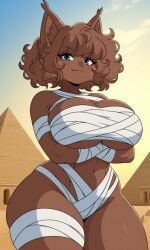 1girl :3 ai ai_background ai_generated animation_meme_community anthro anthro_only arms_crossed bandages big_breasts breasts brown_fur brown_hair darcie_(yeagar) female_focus female_only furry furry_only green_eyes hourglass_figure huge_breasts large_breasts looking_at_viewer medium_hair mummy mummy_bandages mummy_costume mummy_wrappings navel no_humans non-human not_real_art pyramid pyramids sand sky solo solo_female solo_focus thick_thighs wide_hips yeagar year_request youtube