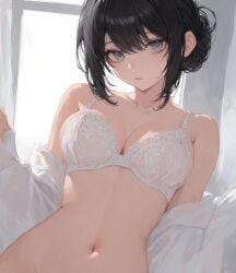 ai_generated bangs black_hair blush blush bra cleavage cute cute_face grey_eyes hair_bun medium_breasts navel shoulders spy_x_family sugarties thin_waist white_bra white_shirt yor_forger