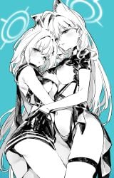 2girls absurdres animal_ear_fluff animal_ears bare_shoulders black_choker black_gloves black_scarf black_skirt blue_archive blue_background blush breasts choker commentary_request crop_top crop_top_overhang cross_hair_ornament dress gloves greyscale hair_ornament halo hand_on_another's_hip highleg highleg_panties highres hug kurotsuki_machi large_breasts looking_at_viewer medium_breasts medium_hair miniskirt monochrome multiple_girls navel nipples no_bra open_clothes open_dress open_mouth panties pantyshot scarf shiroko_(blue_archive) shiroko_terror_(blue_archive) short_sleeves simple_background skirt slit_pupils strap string_panties thigh_strap underboob underwear wolf_ears wolf_girl