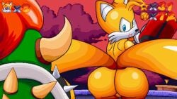 2boys anthro anyplant088 ass big_ass bowser bubble_butt burning canid canine crossover dragon duo femboy fox furry furry_male furry_only hi_res humanoid male male/male mammal mario_(series) mythological_creature mythological_scalie mythology nintendo reptile scalie sega sonic_(series) sonic_the_hedgehog_(series) super_mario_64 tails tails_the_fox turtle