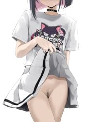 absurdres black_hair blue_archive clothes_lift colored_inner_hair disuto female female_pubic_hair head_out_of_frame highres kazusa_(blue_archive) lifting_own_clothes multicolored_hair no_panties pink_hair pubic_hair shirt short_sleeves simple_background skirt skirt_lift solo white_background white_shirt white_skirt