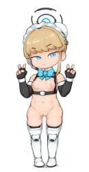 black_gloves blue_archive blue_bow blue_bowtie blue_eyes bow bowtie chibi chibi_only detached_collar detached_sleeves double_v fingerless_gloves gloves halo highres maximumpingas navel nude pussy simple_background toki_(blue_archive) v white_background