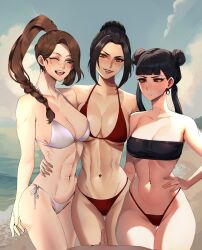 1boy 3girls abs arant_king arm_around_waist avatar_legends avatar_the_last_airbender azula bandeau bangs beach bikini black_hair blue_sky blush braid breast_press breasts brown_eyes brown_hair cleavage cloud double_bun hand_on_hip large_breasts long_hair looking_at_viewer mai_(avatar) medium_breasts multiple_girls muscle muscular_female navel one_eye_closed open_mouth ponytail red_bikini side-tie_bikini sky small_penis smile strapless strapless_bikini swimsuit tagme toned tubetop ty_lee