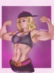 1girls arkanis blonde_hair blue_eyes blusb bra cap clothed curvy curvy_figure female fit fit_female looking_back malena0202 minecraft muscular muscular_female pose standing tomboy youtuber