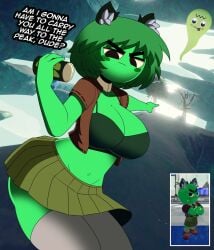 1boy 1girl angry blush bra breasts camper_(peak) cat_ears choker female ghost green_hair green_skin male open_jacket peak_(videogame) reference_image skirt stockings tagme