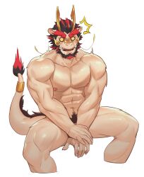 -solo 1boy abs absurdres bara blush commentary_request completely_nude covering_privates dragon_boy dragon_ears dragon_horns dragon_tail dyeong furry furry_male highres horns korean_commentary looking_at_viewer male male_focus multicolored_hair muscular muscular_male nude open_mouth pectorals surprised sweatdrop tail tarjumdad_(threefold_recital) threefold_recital white_background yaoi