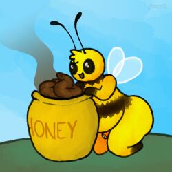 1:1 antennae_(anatomy) anthro arthropod artist_name ass bee big_butt biped black_eyes digital_media_(artwork) feces feces_pile flaccid foreskin genitals glans glistening glistening_eyes gloves_(marking) happy head_tuft hi_res honey_pot humanoid_genitalia humanoid_penis hymenopteran insect_wings insects leg_markings male markings outside penis pincoosh scat sky smile socks_(marking) solo stink_fumes text tuft wings yellow_body