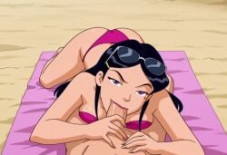 1boy 1girls ai_generated beach bikini black_hair blowjob breasts cartoon fellatio female laying laying_on_lap light-skinned_female light-skinned_male, light_skin male mandy_(totally_spies) mole_under_eye oral oral_sex purple_eyes smirk sunglasses sunglasses_on_head totally_spies