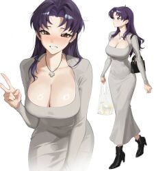 1girls absurdres ankle_boots bag black_bag black_boots blue_hair blush boots breasts brown_eyes cleavage collarbone commentary cropped_jacket cross cross_necklace dongtan_dress dress earrings female female_focus full_body grey_dress grey_jacket handbag high_heels high_ponytail highres holding holding_bag jacket jewelry katsuragi_misato large_breasts leaning_forward long_hair looking_at_viewer multiple_views necklace neon_genesis_evangelion open_clothes open_jacket plastic_bag ponytail rucarachi shiny_skin shoulder_bag simple_background skindentation smile standing stud_earrings tight_clothes tight_dress v white_background