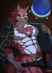 1boy abs absurdres animal_ears artist_name bara black_male_underwear bulge closed_mouth coat coat_on_shoulders commentary dated diederich_olsen_(knight's_college) furry furry_male highres jewelry knights_college looking_at_viewer male_focus male_underwear muscular muscular_male navel necklace night night_sky nipples pectorals penis penis_peek pubic_hair ship's_wheel_ornament sky smile snowjune star_(sky) tail topless_male underwear wolf_boy wolf_ears wolf_tail
