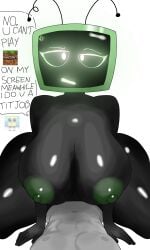 2d antennae antennae_(anatomy) black_body dandy's_world digital_drawing_(artwork) digital_media_(artwork) english_text green_nipples looking_at_viewer not_minus talking_to_viewer text thick_ass thick_thighs thighs tv tv_head tv_screen vee_(dandy's_world) white_background