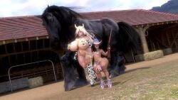 3d 3d_(artwork) armani_(rivaliant) bikini chain_leash collar cow_print cowboy_hat daz_studio equine farm female gun horse linia_(rivaliant) male male_shortstack platform_heels rivaliant shortstack tagme texas_(rivaliant)