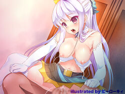 /\/\/\ 1boy artist_name bare_shoulders blush bra bra_pull breasts censored cowgirl_position cum cum_in_pussy drooling elbow_gloves female gloves kii_(theory) midriff mosaic_censoring navel open_mouth penis purple_eyes purple_hair saliva sex sweat thighhighs underwear white_gloves white_legwear