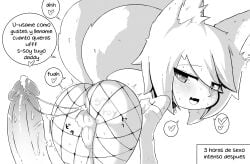 akatosh_el_shota_furro animal_ears anus ass big_ass cum cum_in_ass femboy fishnets heart-shaped_pupils huge_balls looking_back male male_only markings monochrome open_mouth original original_character penis spanish_text sweat tail text
