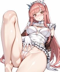 1girls ai_generated big_breasts breasts cameltoe covered_nipples fate/grand_order fate_(series) female female_only frills gloves hair_ornament japaia light-skinned_female long_hair looking_at_viewer medb_(fate) medium_breasts microskirt pink_hair simple_background solo thong white_background yellow_eyes