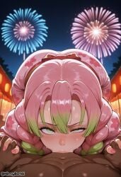 1boy :>= aerial_fireworks ai_generated blush braid breasts dark-skinned_male dark_skin deepthroat demon_slayer fellatio female festival fireworks gradient_hair green_eyes green_hair hair_between_eyes high_resolution highres holding_hands interlocked_fingers interracial japanese_clothes kanroji_mitsuri kimetsu_no_yaiba kimono looking_at_viewer mole mole_under_eye multicolored_hair nail_polish night nimybotai oral penis pink_hair pink_kimono pink_nails pov sky solo_focus straight summer_festival sweat twin_braids yukata