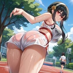 ai_generated ass_focus back_view black_hair bloomers close-up day female female_only gym_clothes gym_uniform hair_ornament jogging looking_at_viewer looking_back no_bra no_panties outside red_eyes see-through see-through_clothing smile smiling_at_viewer spy_x_family sweat sweatdrop sweating thick_thighs wet wet_body yor_briar yor_forger